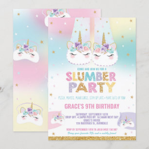 Rainbow Unicorn Slumber Födelsedagsfest Sleepover Inbjudningar