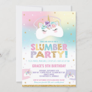 Rainbow Unicorn Slumber Födelsedagsfest Sleepover Inbjudningar