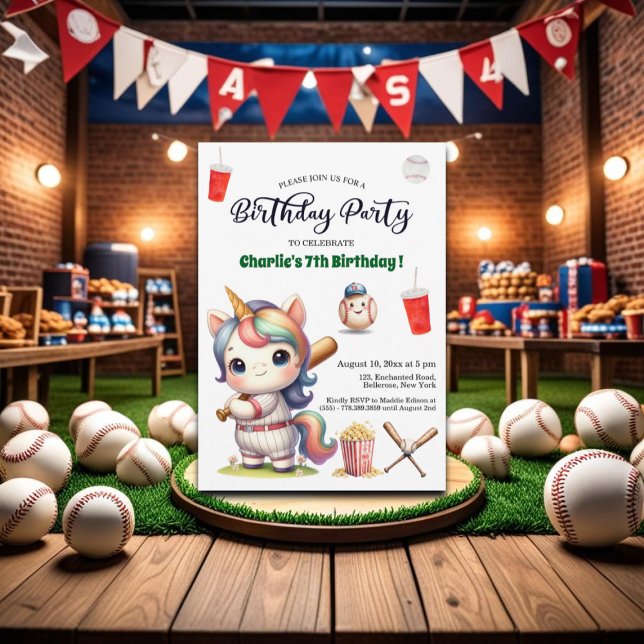 Rainbow Unicorn spelar Baseball 7:e Birthday Inbjudningar (Skapare uppladdad)