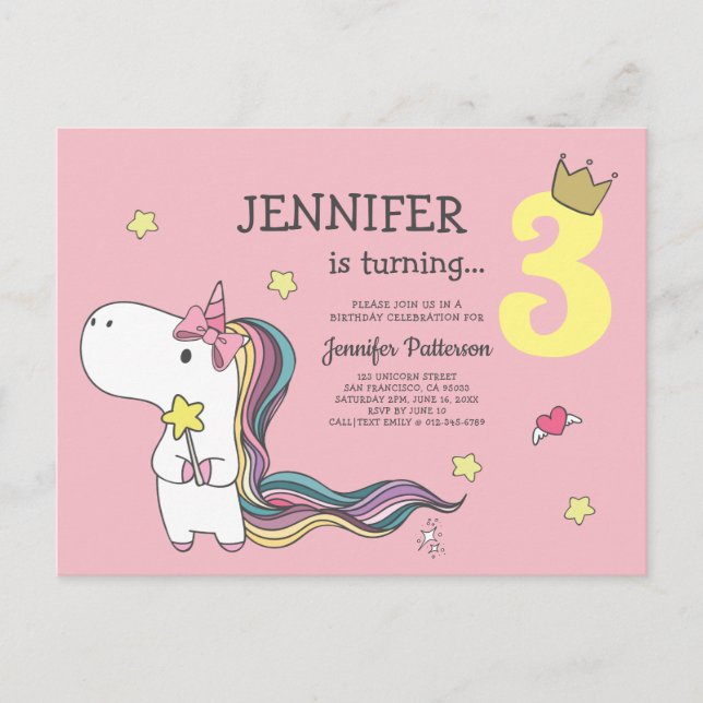 Rainbow Unicorn Stars Birthday-inbjudan Inbjudan Vykort (Framsida)
