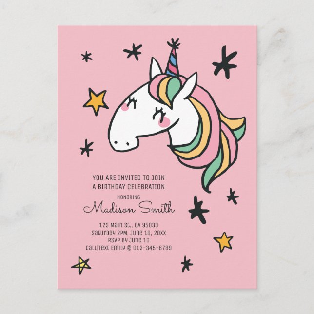 Rainbow Unicorn Stars Birthday-inbjudan Inbjudan Vykort (Framsida)