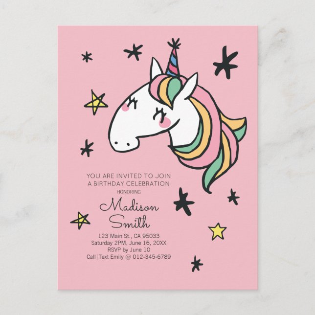 Rainbow Unicorn Stars Birthday-inbjudan Inbjudan Vykort (Framsida)