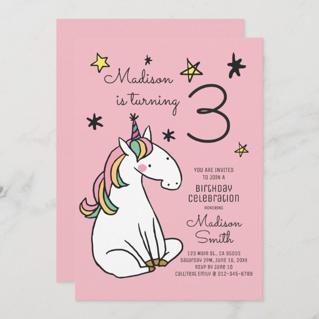 Rainbow Unicorn Stars Birthday-inbjudan Inbjudningar (Fram/baksida)