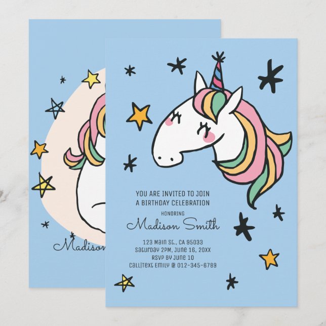 Rainbow Unicorn Stars Birthday-inbjudan Inbjudningar (Fram/baksida)