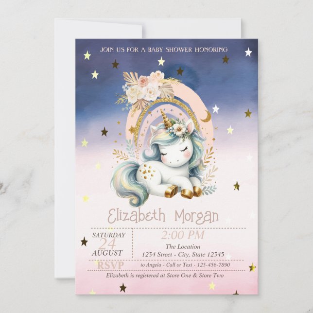 Rainbow Unicorn Stars Ombre Baby Shower Inbjudningar (Framsida)