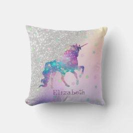 Rainbow Unicorn,Stars, Silver Glitter Bokeh Kudde