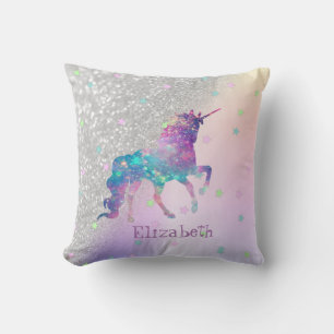 Rainbow Unicorn,Stars, Silver Glitter Bokeh Kudde