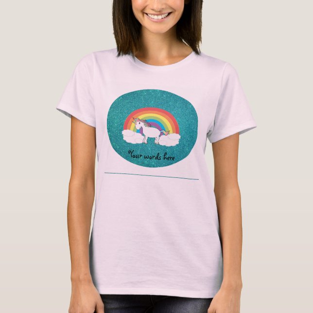 Rainbow unicorn turcoise glitter tee shirt (Framsida)