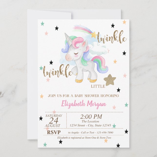 Rainbow Unicorn,Twinkle Little Star Baby Shower Inbjudningar (Framsida)