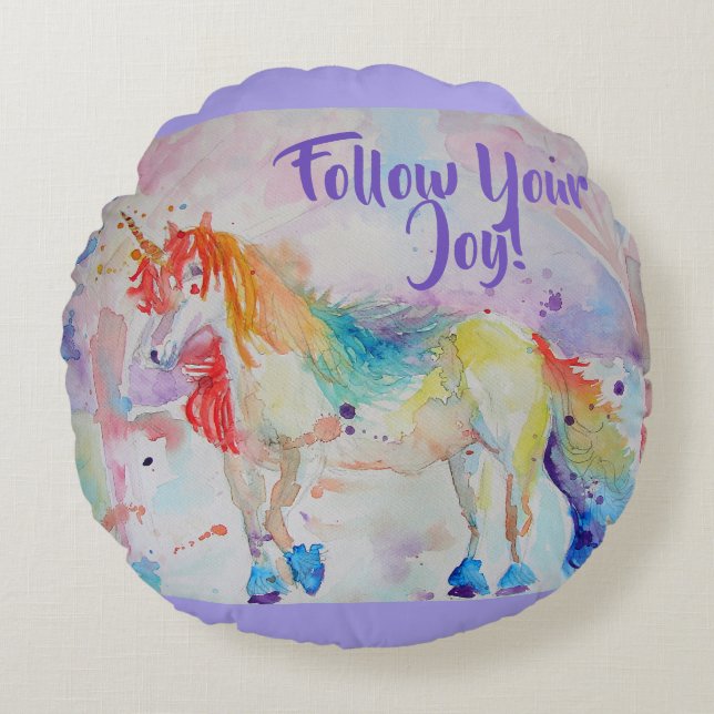 Rainbow Unicorn Watercolor Cushion Rund Kudde (Framsidan)