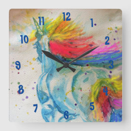 Rainbow Unicorn Watercolor Girls Nursery Clock Fyrkantig Klocka