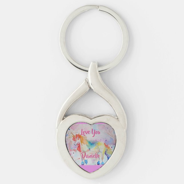Rainbow Unicorn Watercolor Rosa Heart Nyckelring (Framsidan)