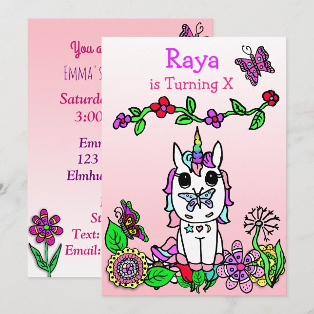 Rainbow Unicorn Whimsical Birthday Inbjudningar (Fram/baksida)