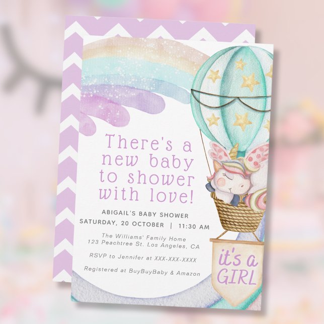 Rainbow Unicorns Balloon - Cute Girl Baby Shower Inbjudningar (Skapare uppladdad)