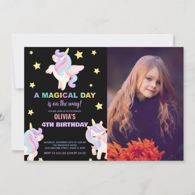 Rainbow Unicorns Birthday-inbjudningar med foto Inbjudningar (Framsida)