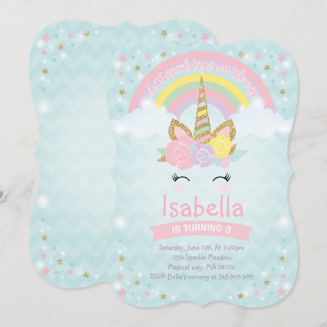 Rainbow Unicorns födelsedagsinbjudan Rosa Guld Inbjudningar (Fram/baksida)