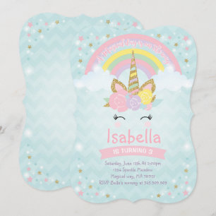 Rainbow Unicorns födelsedagsinbjudan Rosa Guld Inbjudningar