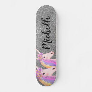 Rainbow Unicorns Girly Silver Glitter Personlig Mini Skateboard Bräda 18,5 Cm