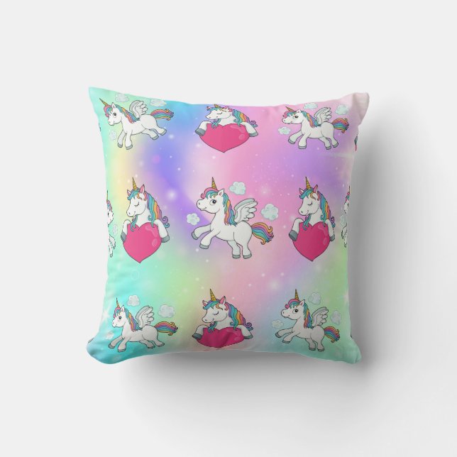 Rainbow Unicorns Hearts Skriv ut Dekorativ kudde (Framsida)