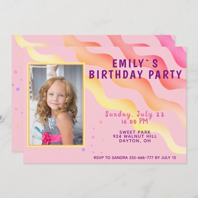Rainbow Vågar Stars Rosa Girl Photo Födelsedagsfes Inbjudningar (Fram/baksida)