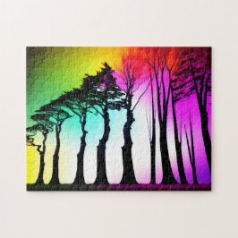 Rainbow Vibrant Himlar Over Black Silhouette Träd Pussel