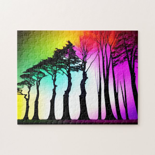 Rainbow Vibrant Himlar Over Black Silhouette Träd Pussel (Horisontell)