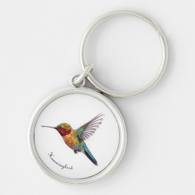 Rainbow Vingar: Vibrant Hummingbird Art, anpassnin Rund Silverfärgad Nyckelring (Framsidan)