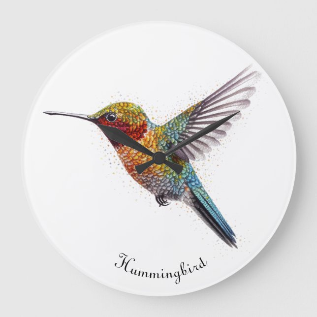 Rainbow Vingar: Vibrant Hummingbird Art, anpassnin Stor Klocka (Framsida)
