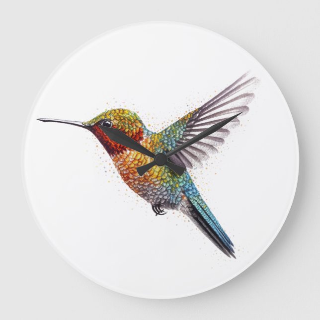 Rainbow Vingar: Vibrant Hummingbird Art Stor Klocka (Framsida)