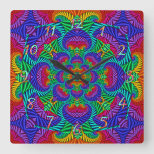 Rainbow Vintage Psychedelic Fractal Kaleidoscope Fyrkantig Klocka