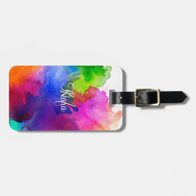 Rainbow Watercolor Abstrakt Namn Monogram Bagagebricka (Horisontell Framsida)