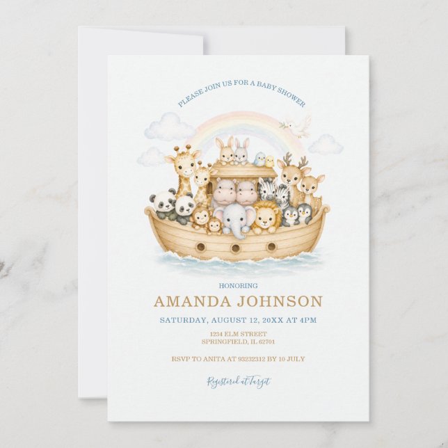 Rainbow Watercolor Animals Noah Ark Inbjudningar (Framsida)