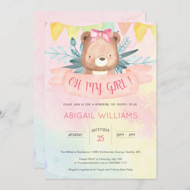 Rainbow Watercolor Bear Girl Baby Shower Inbjudningar (Fram/baksida)