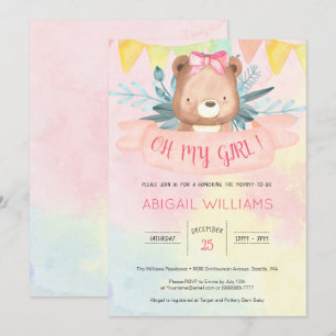 Rainbow Watercolor Bear Girl Baby Shower Inbjudningar