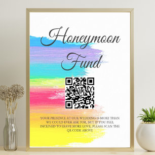 Rainbow Watercolor Bröllop Honeymoon Fund QR-kod Poster