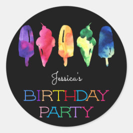 Rainbow Watercolor Ice Cream Popsicle Birthday Runt Klistermärke