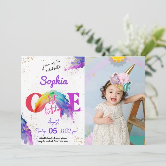 Rainbow Watercolor Photo Birthday-inbjudan Inbjudningar (Stående Fram)
