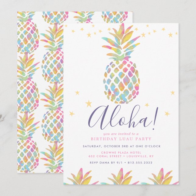 Rainbow Watercolor Pineapple Tropical Birthday Inbjudningar (Fram/baksida)