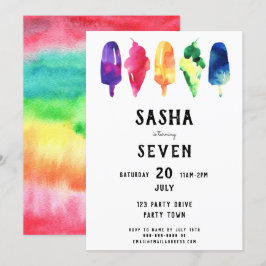 Rainbow Watercolor Popsicles Ice Cream Birthday Inbjudningar