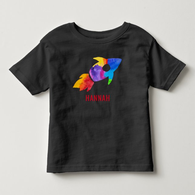 Rainbow Watercolor Rocket Rymden Kids T Shirt (Framsida)