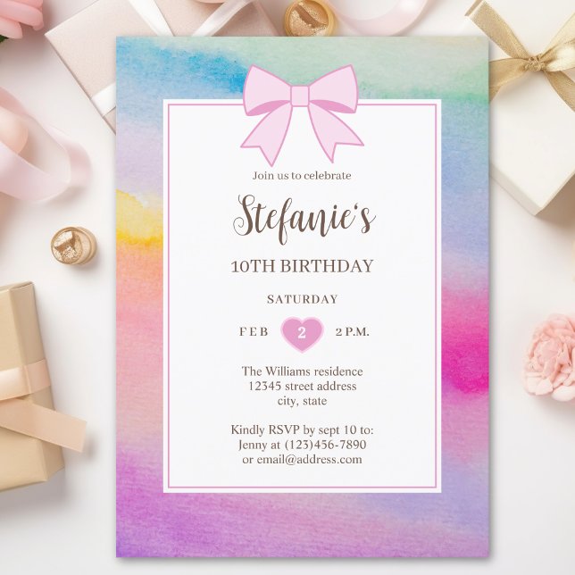 Rainbow Watercolor Rosa Bow Girl Birthday Photo Inbjudningar (Skapare uppladdad)