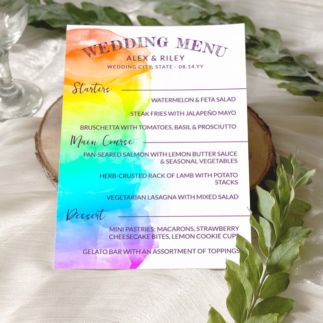 Rainbow Watercolor Stänk LGBTQ Bröllop Menu Meny (Skapare uppladdad)