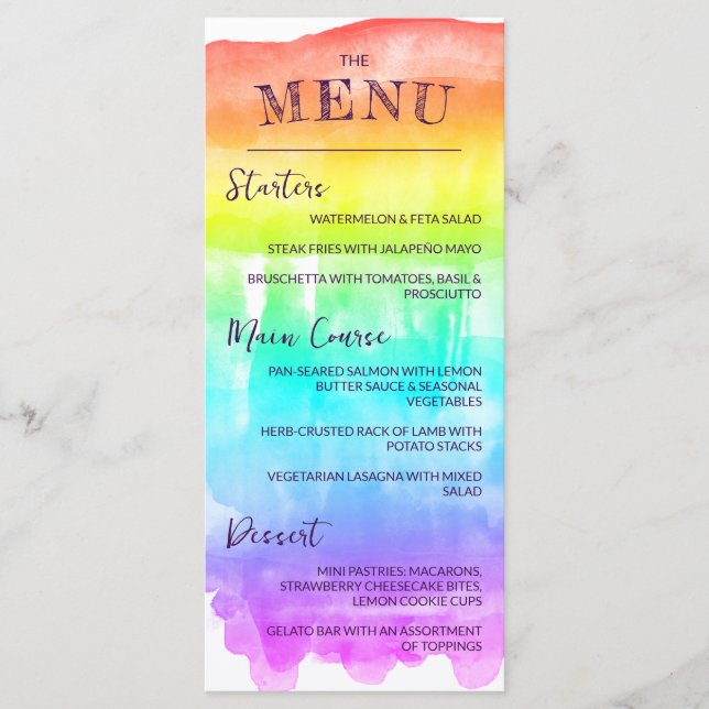Rainbow Watercolor Tvättar LGBTQ Bröllop Menu Meny (Framsida)