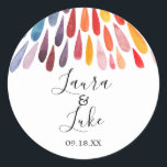 Rainbow Watercolor Wedding Stickers Runt Klistermärke<br><div class="desc">Rainbow Watercolor Wedding Stickers. Designad med en regnbåge av färg i form av droppar med stilisering av vattenfärgstyp. Anpassa den här designen med ditt namn eller anpassningsbar-meddelande som du vill inkludera! Bakgrunden färg är vit,  men du kan välja en fyllning färg efter eget val.</div>