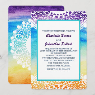 Rainbow Watercolor White Mandala Bröllop Inbjudningar