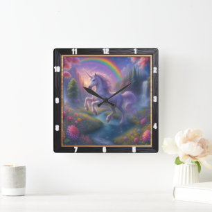 Rainbow Waterfall Dreamy Unicorn Fyrkantig Klocka