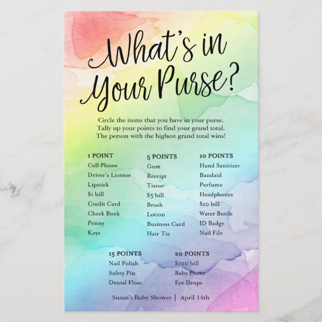 Rainbow What's in your Purse Papper Game Card Flygblad (Framsidan)