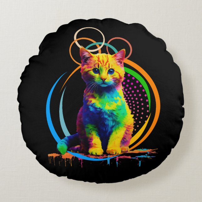 Rainbow Whiskers A Multifärgad Cat Dream Rund Kudde (Framsidan)