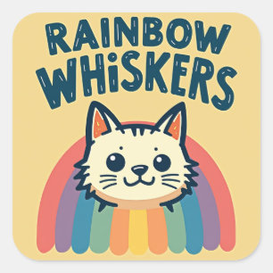 Rainbow Whiskers Cat Sticker Fyrkantigt Klistermärke