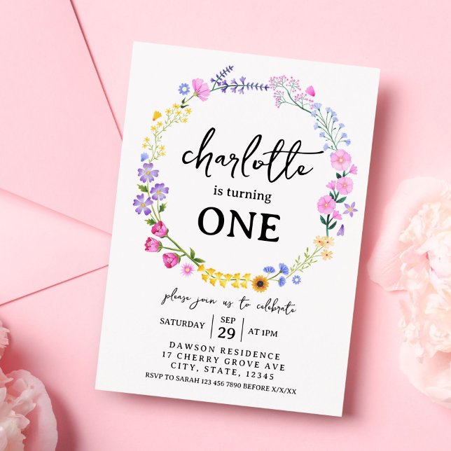 Rainbow Wildblommor Flicka 1:a födelsedagen Vår Inbjudningar (Baby Girl First Birthday Wildflower Spring Invitation)